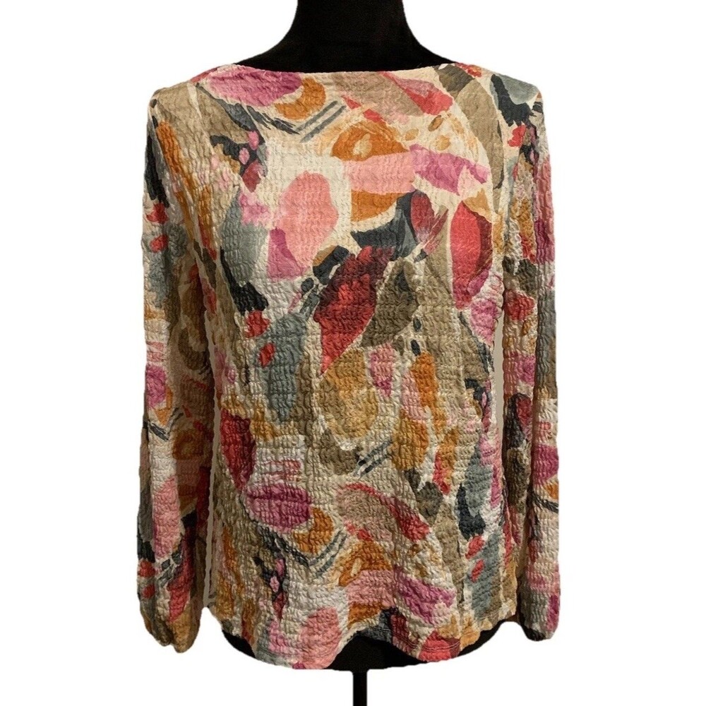 Chicos Size 1 Top Womens Medium Abstract Floral Crinkle Long Sleeve Boat Neck
